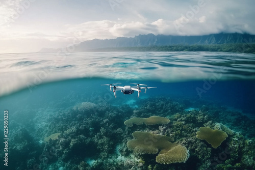 Scenic ocean view with AI-controlled drone exploring underwater coral reef in clear waters during daylight hours