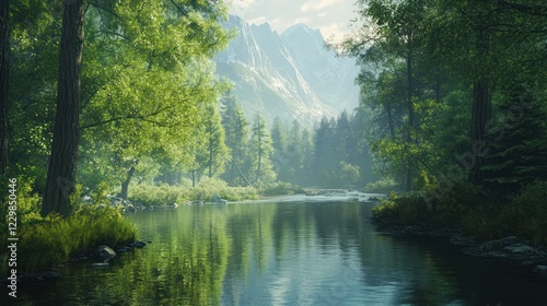 Serene mountain river reflecting sunlight, forest backdrop, peaceful nature scene, ideal for travel brochures