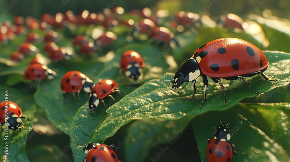 Fototapeta premium Ladybugs, Ladybirds (Coleoptera Coccinellidae), Adult Insect on Green Leaves