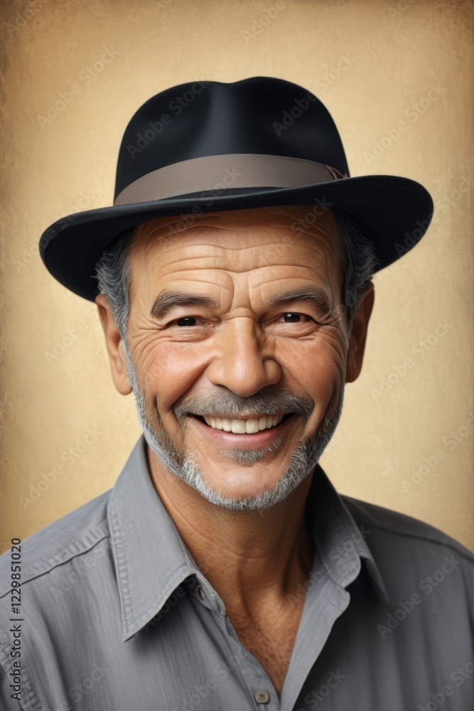 smiling man with a hat and mustache wearing a gray shirt smiling man with a hat and mustache wearing a gray shirt