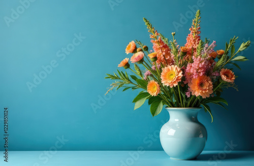 Wallpaper Mural Bouquet of pink flowers in ceramic vase on blue background with copy space Torontodigital.ca