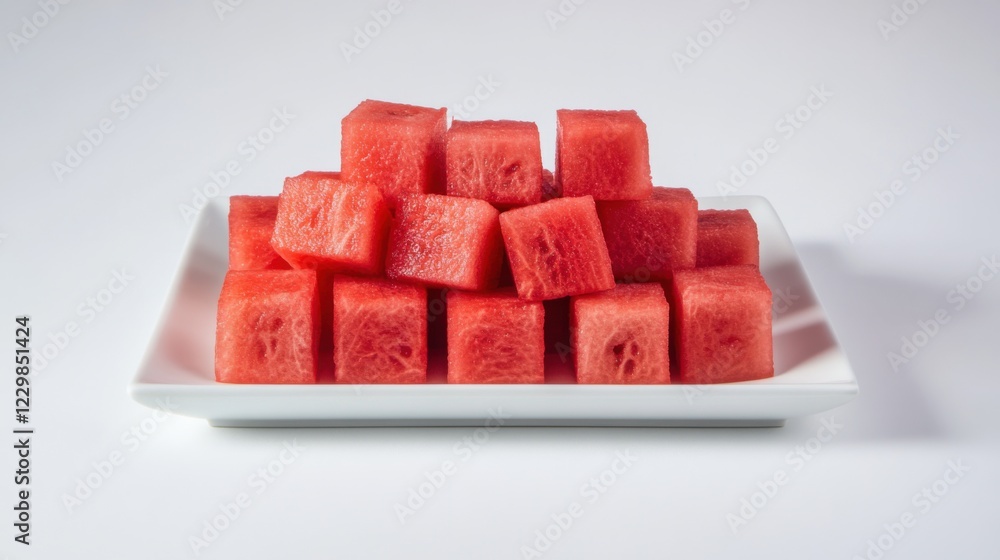 A minimalist plate of freshly cut watermelon cubes, neatly stacked in a simple arrangement on a white ceramic plate, Watermelon centered A minimalist plate of freshly cut watermelon cubes, neatly stacked in a simple arrangement on a white ceramic plate, Watermelon centered