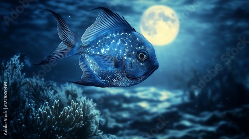 Blue Fish Floating in the Ocean with the Moon in Background creating a dreamy atmosphere