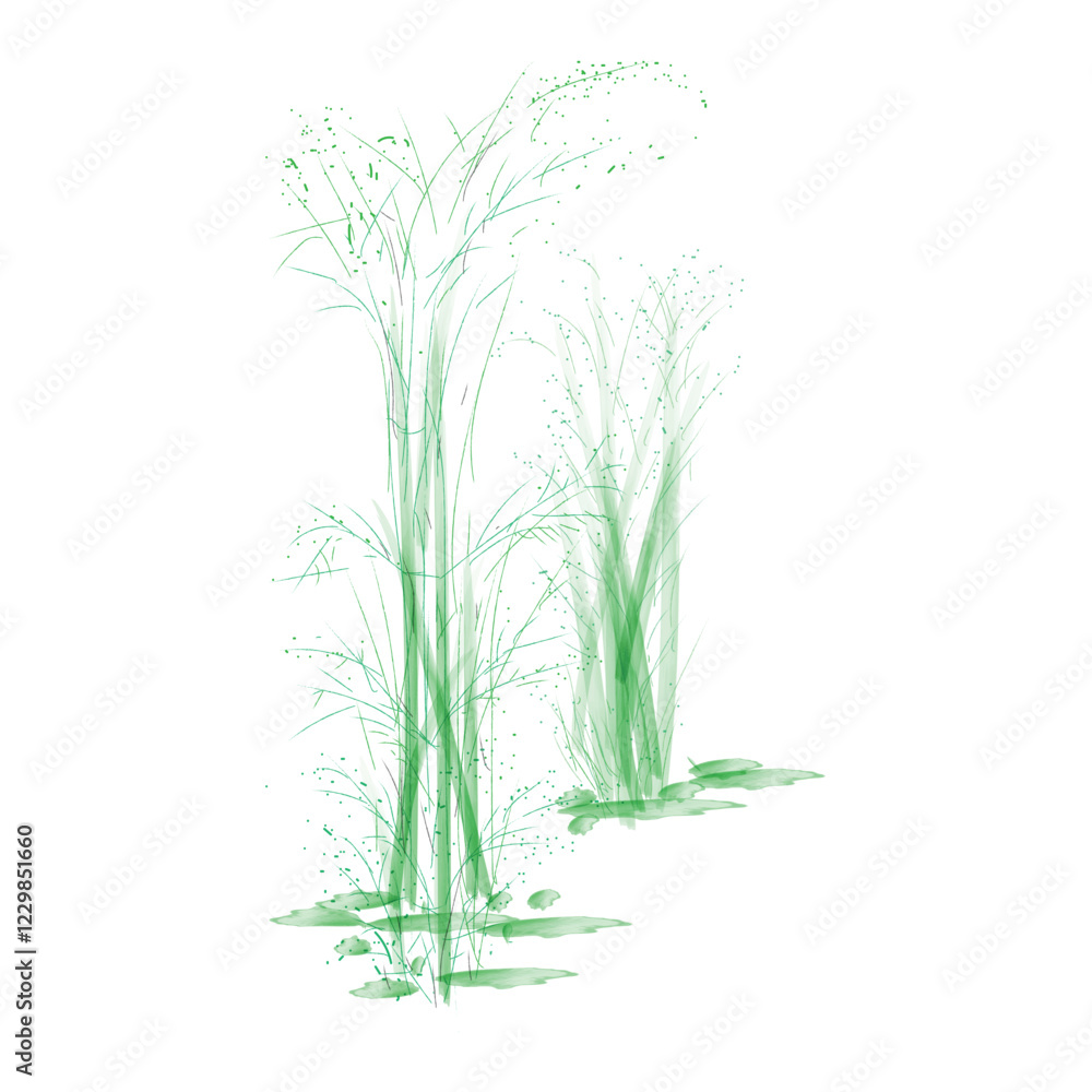 Fototapeta premium Art & Illustration vector of abstract plants and grass handmade with a brush in green color Green plants near the water depict a serene natural scene, suitable for environmental concept designs 