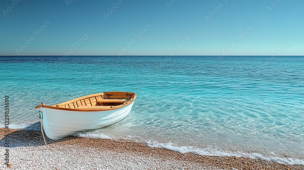 Serene Coastal Scene With Small White Rowboat Serene Coastal Scene With Small White Rowboat
