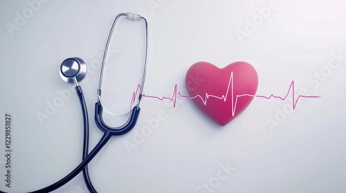 Stethoscope and a red heart with an electrocardiogram (ECG) line connecting them, placed on a light - colored background, representing health and cardiology, suitable for medical - related content.