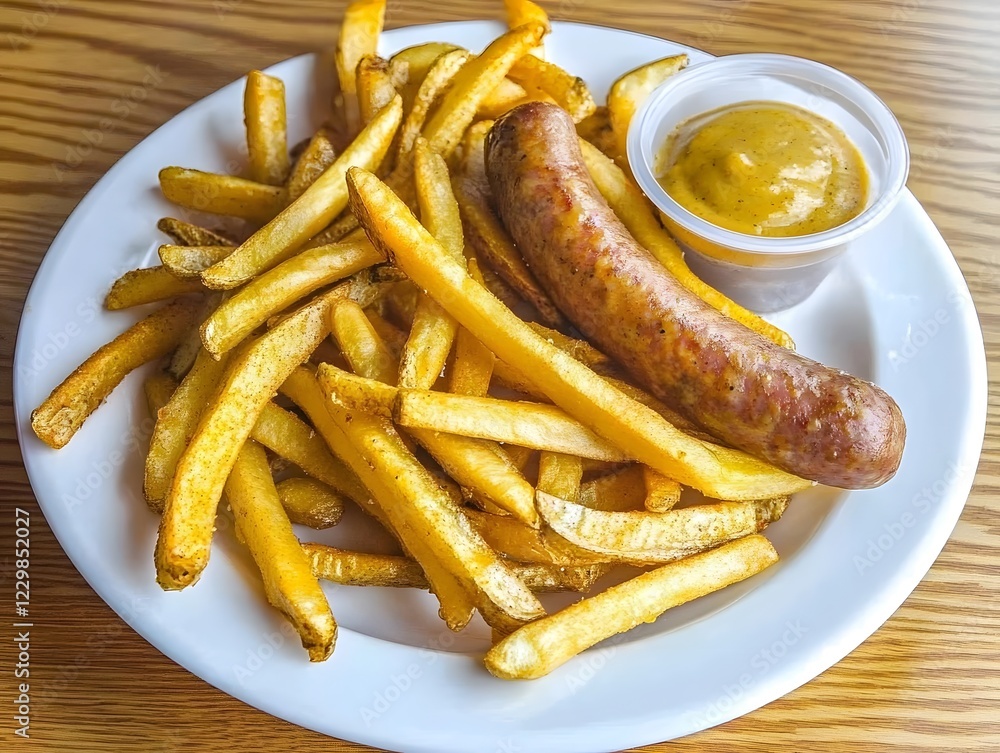 Sausage with crispy yellow french fries fast food menu dish food Sausage with crispy yellow french fries fast food menu dish food
