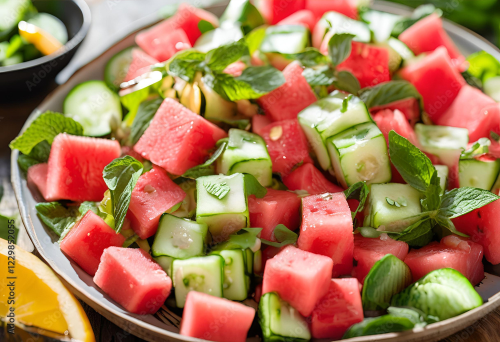 refreshing summer salad with watermelon and cucumber
refreshing summer salad with watermelon and cucumber