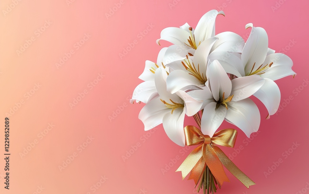 Naklejka premium bouquet of white lilies tied with a golden ribbon, placed on a pastel pink gradient background. Valentines Day and 8 March theme