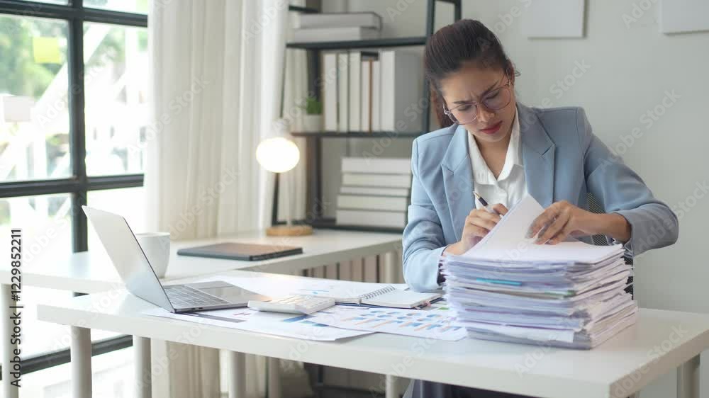 A woman is sitting at a desk with a pile of papers in front of her. She is wearing a blue jacket and glasses. The scene suggests that she is working on a project or dealing with paperwork A woman is sitting at a desk with a pile of papers in front of her. She is wearing a blue jacket and glasses. The scene suggests that she is working on a project or dealing with paperwork