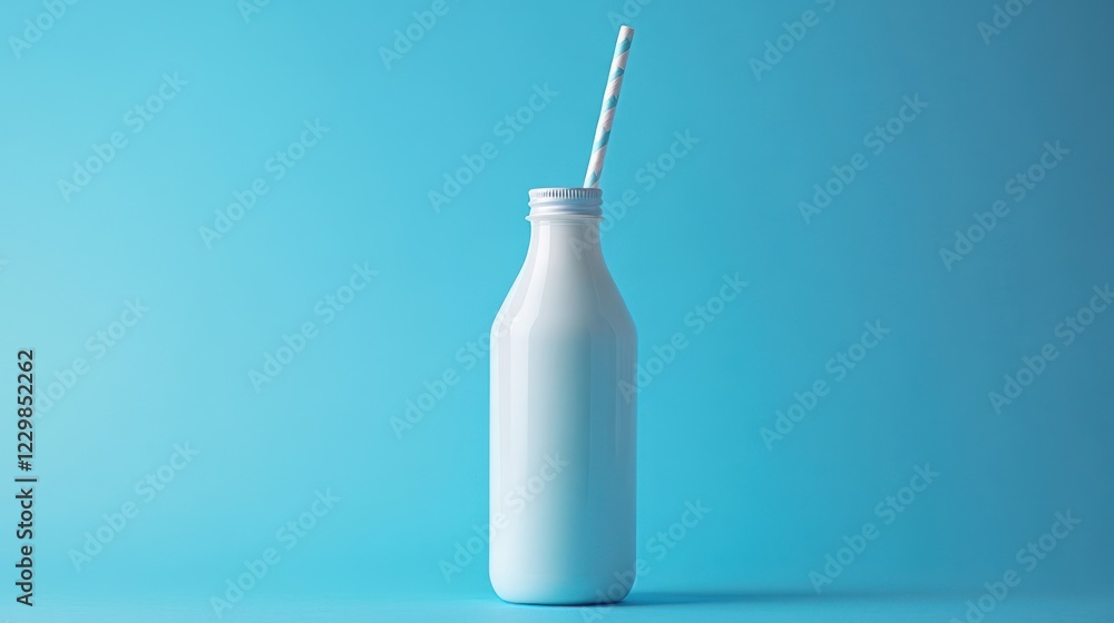 Milk bottle with straw on blue background. (1) Milk bottle with straw on blue background. (1)
