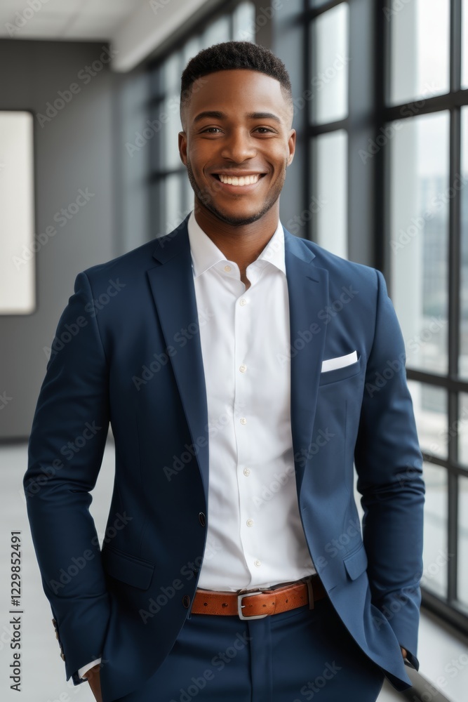 smiling man in blue suit standing in front of large window smiling man in blue suit standing in front of large window