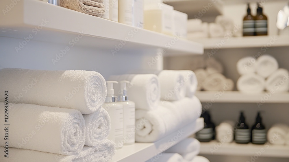 White Towels Stacked on White Shelves in a Bathroom White Towels Stacked on White Shelves in a Bathroom