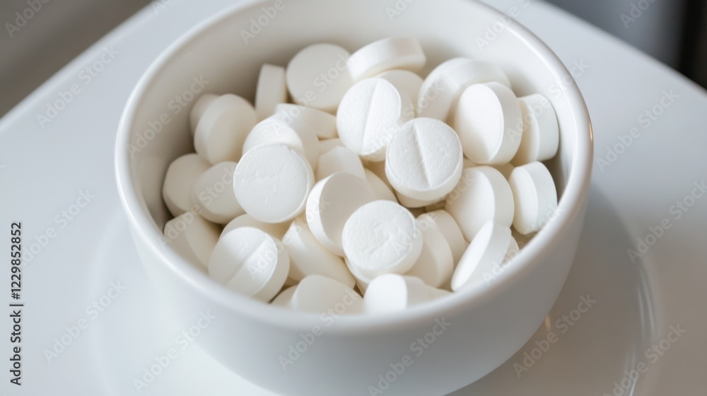 A ceramic bowl filled with numerous white tablets, symbolizing healthcare, medication, and treatment. A ceramic bowl filled with numerous white tablets, symbolizing healthcare, medication, and treatment.