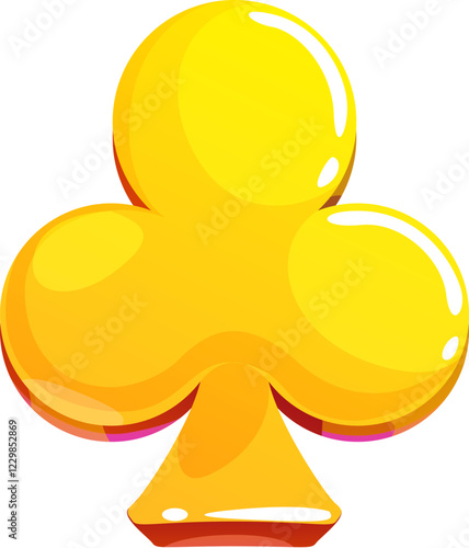 Golden club suit symbol or icon for poker card games playing with a vibrant glow. Cartoon vector gold asset for gambling, mobile applications, casino themes. Luxurious golden club sign with shiny glow