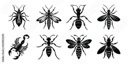 Set of insects silhouettes. Vector illustrations poisonous insects isolated on white background