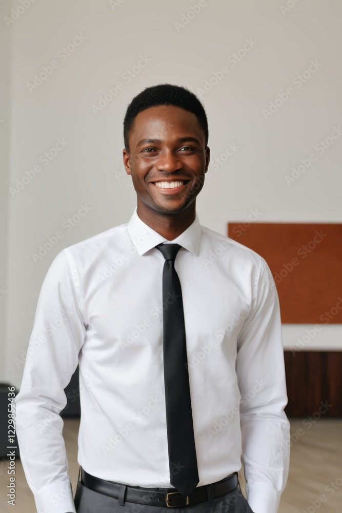 smiling man in white shirt and black tie standing in a room smiling man in white shirt and black tie standing in a room