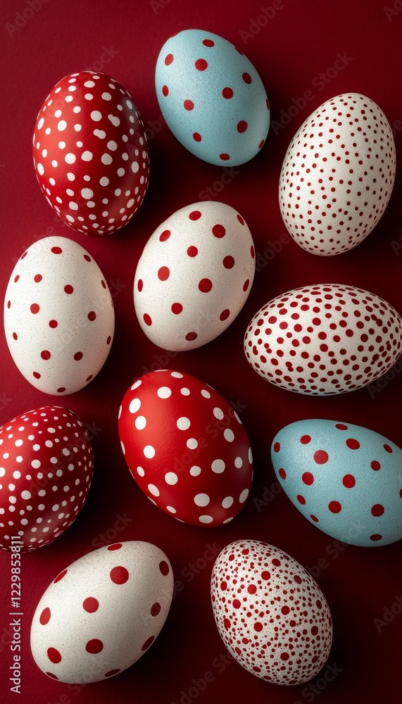 Easter polka dot eggs collection on red background. Colorful festivity decoration. Pattern design Easter polka dot eggs collection on red background. Colorful festivity decoration. Pattern design