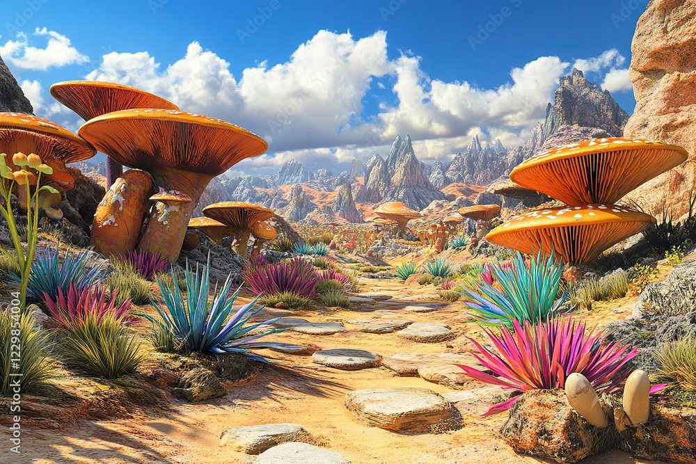 Fototapeta premium Vibrant desert landscape featuring giant mushrooms and colorful plants under a bright blue sky