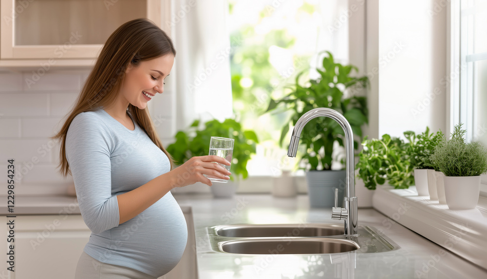 Happy pregnant woman holding a glass of water near a tap in the kitchen. Smiling female drinking clean water at home. Purifier system concept, healthy living, hydration. Copy space. Happy pregnant woman holding a glass of water near a tap in the kitchen. Smiling female drinking clean water at home. Purifier system concept, healthy living, hydration. Copy space.