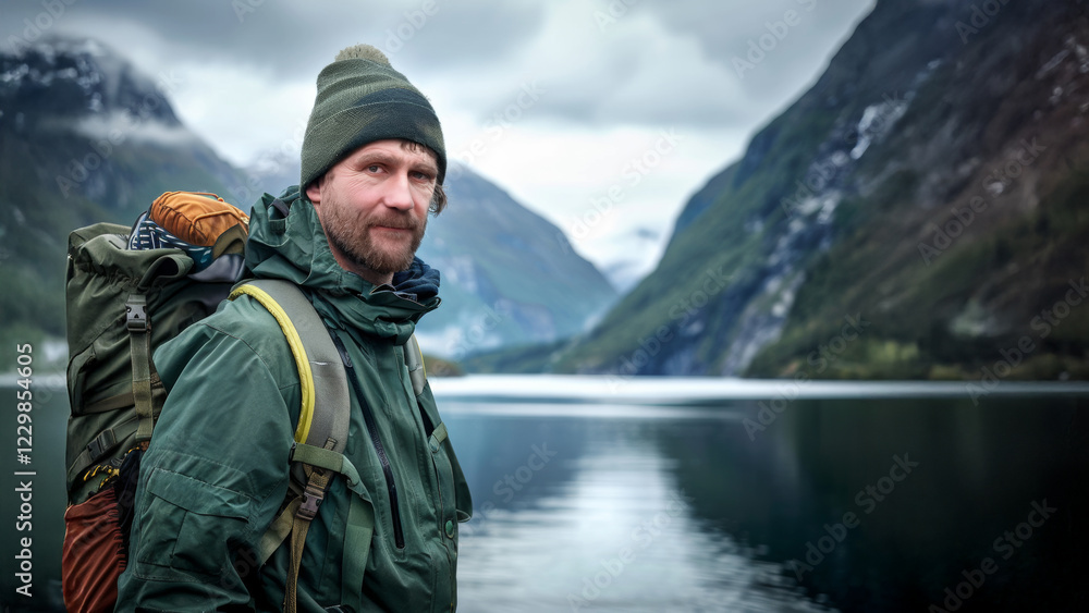 A man with a tourist backpack against the backdrop of the sea bay and fjord. A man with a tourist backpack against the backdrop of the sea bay and fjord.