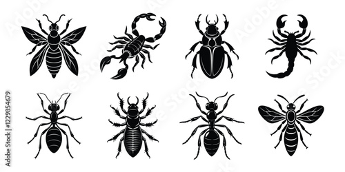 Set of insects silhouettes. Vector illustrations poisonous insects isolated on white background