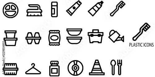 Plastic simple concept 28 icons set. Contains such Disposable tableware, water bottle, blister pack, container, canister, garbage bag, bubble .Vector illustration.	
