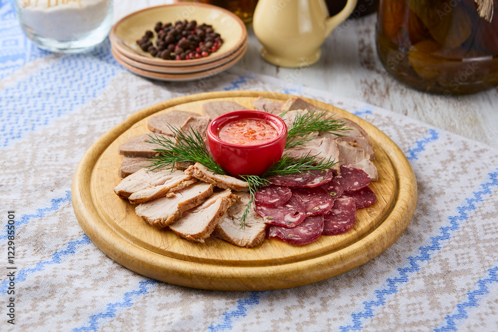 Rustic Meat Assortment with Veal Tongue on Wooden Platter – Warm, Inviting Lighting and Natural Composition Rustic Meat Assortment with Veal Tongue on Wooden Platter – Warm, Inviting Lighting and Natural Composition