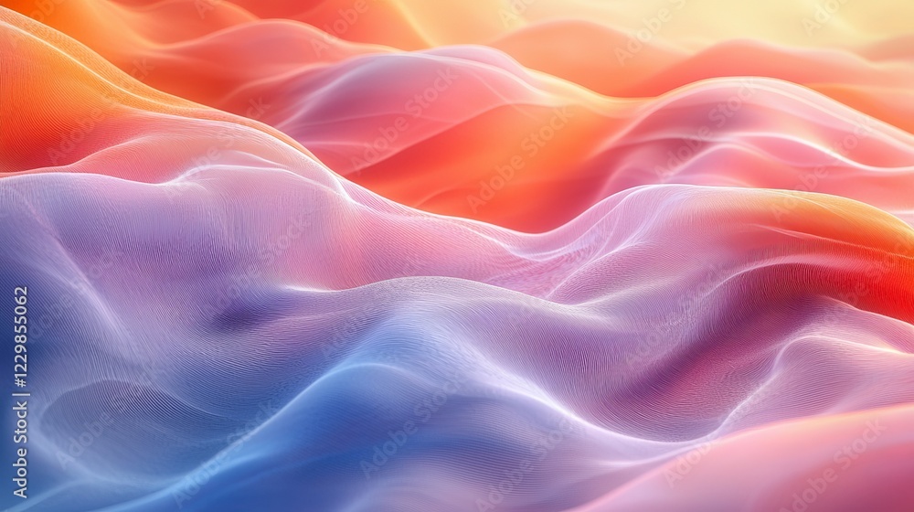 Vibrant undulating waves creating a surreal landscape with soft gradients of red, orange, and blue hues under warm light. Vibrant undulating waves creating a surreal landscape with soft gradients of red, orange, and blue hues under warm light.