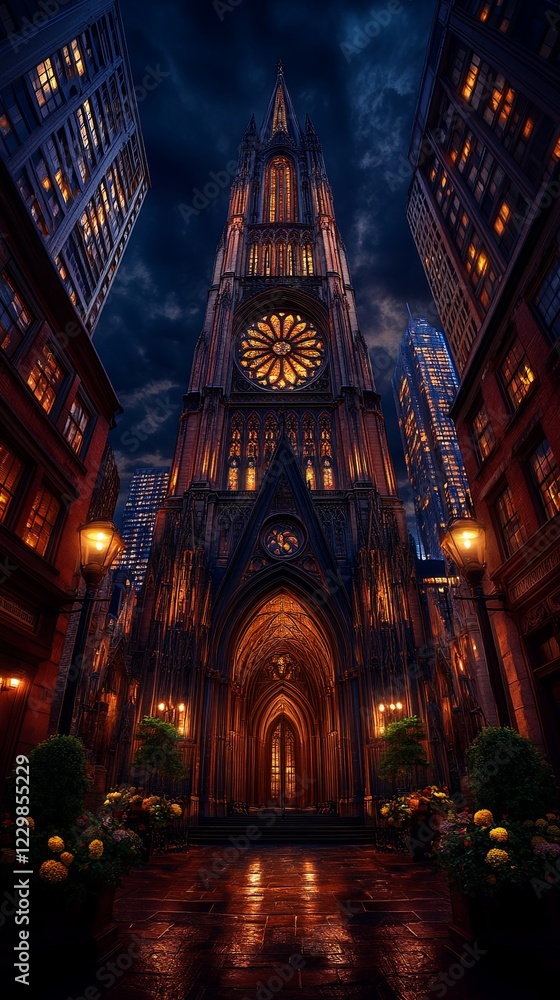 Naklejka premium Gothic Urban Vibes Majestic Gothic Cathedral in Urban Nightscape