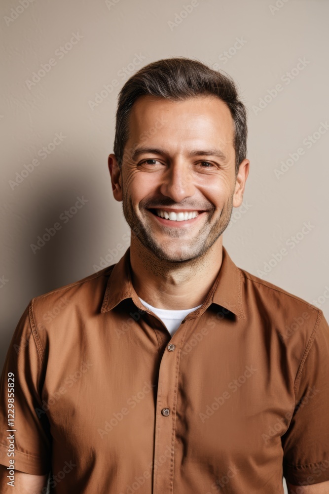 smiling man in brown shirt standing against a wall with a white background smiling man in brown shirt standing against a wall with a white background