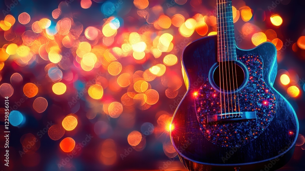 Fototapeta premium Acoustic guitar with colorful bokeh lights on blurred background