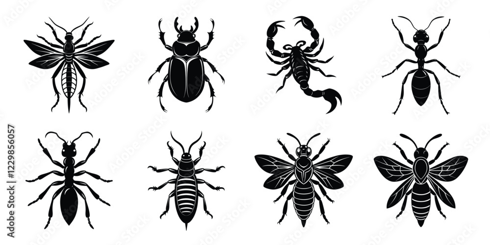 Set of insects silhouettes. Vector illustrations poisonous insects isolated on white background Set of insects silhouettes. Vector illustrations poisonous insects isolated on white background