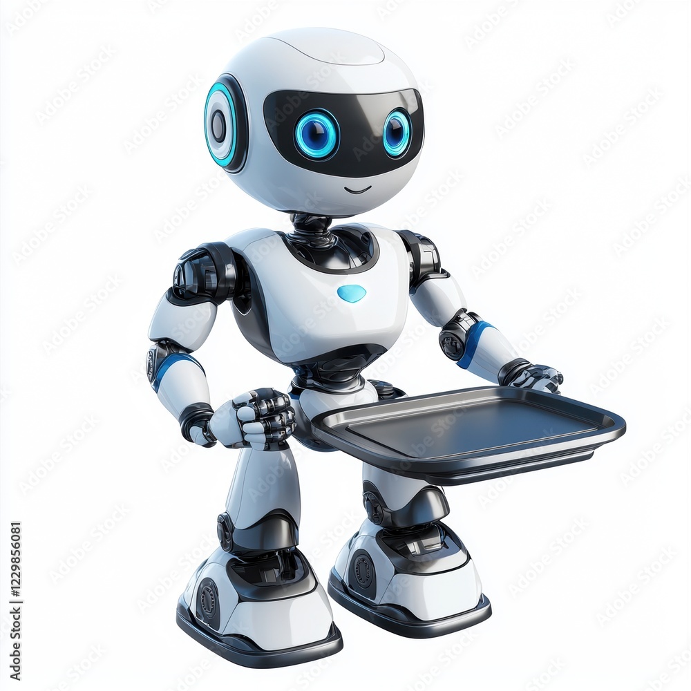 compact service robot with a tray in its hands, featuring sleek silver and blue accents, centered on a clean white background compact service robot with a tray in its hands, featuring sleek silver and blue accents, centered on a clean white background