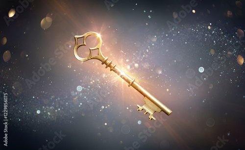 Key Of Success - Business And Privacy Concepts - Golden Key With Glittering Lights On Abstract Background