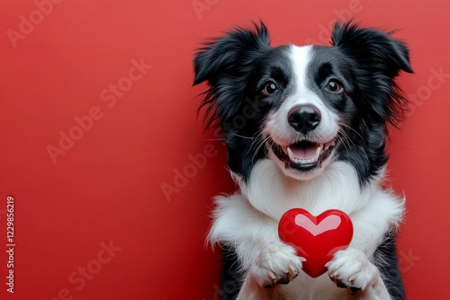 Collie - my preferred dog. Marketing conceptual art. Cute collie dog with diamond red heart - symbol of love, funny greeting card. Valentine's pet ideas. Cute valentine's pet moments. Pet lov. photo