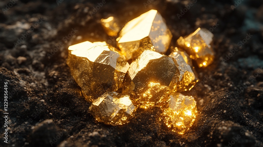 Golden Nuggets Shimmering in Dark Earth, A Treasure Trove of Sparkly Gold Golden Nuggets Shimmering in Dark Earth, A Treasure Trove of Sparkly Gold