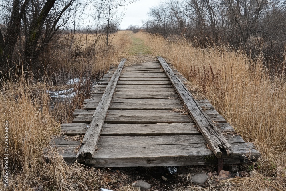 Exploring a dilapidated wooden bridge over a dried-up creek bed rural landscape photography nature ground level viewpoint abandonment concept Exploring a dilapidated wooden bridge over a dried-up creek bed rural landscape photography nature ground level viewpoint abandonment concept