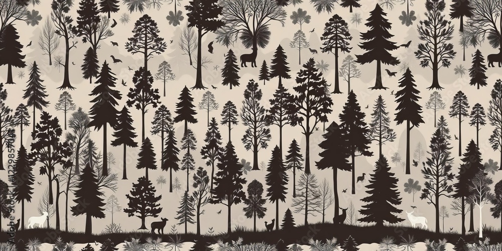 Fototapeta premium Seamless pattern featuring abstract trees and cute bears in a forest setting, nature, tree silhouettes, repetitive