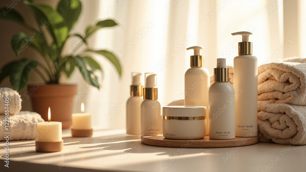Elegant Spa and Wellness Setting with Luxury Skincare Products for Beauty and Personal Care Marketing Elegant Spa and Wellness Setting with Luxury Skincare Products for Beauty and Personal Care Marketing