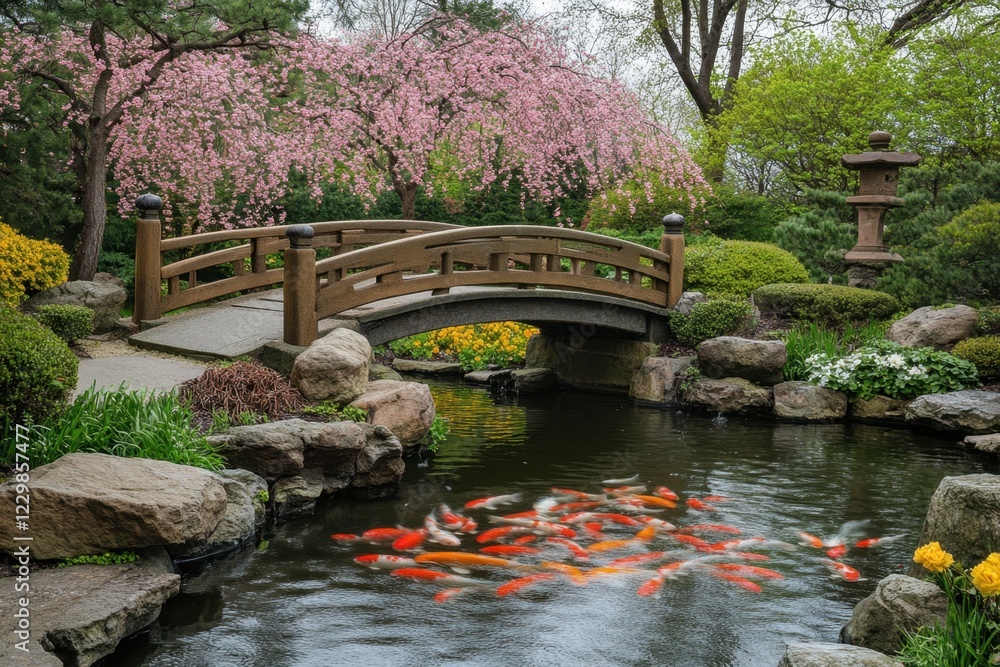 Tranquil scene of a stone bridge over a serene pond surrounded by lush flora japanese garden nature photography peaceful environment aesthetic view harmony concept Tranquil scene of a stone bridge over a serene pond surrounded by lush flora japanese garden nature photography peaceful environment aesthetic view harmony concept