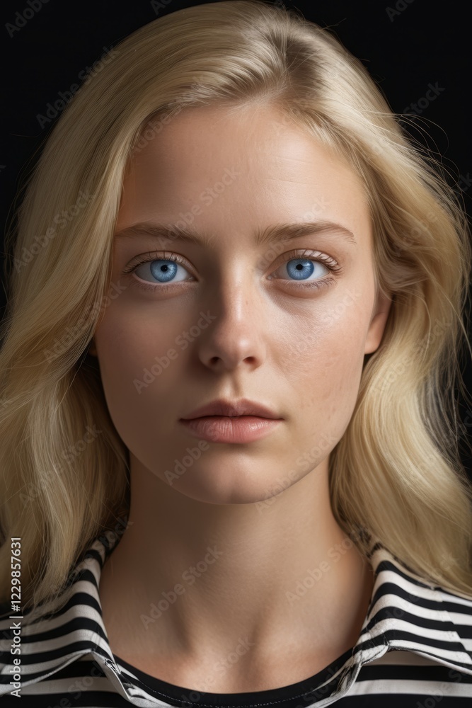 blond woman with blue eyes and a striped shirt looking at the camera blond woman with blue eyes and a striped shirt looking at the camera