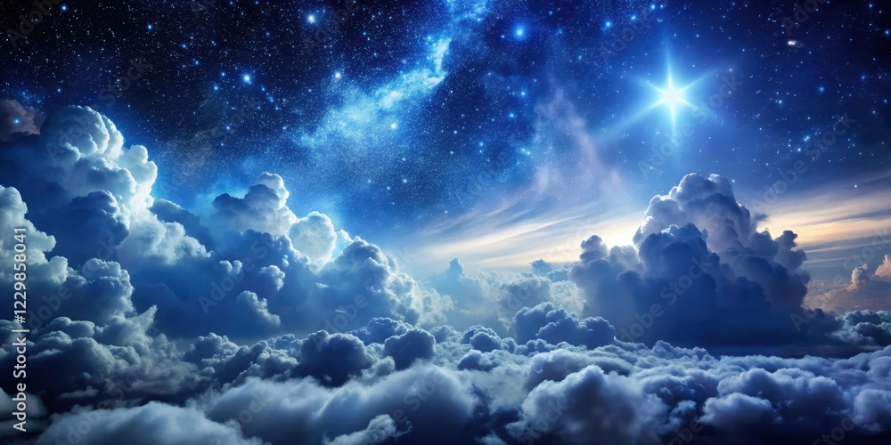 Dark vast sky with numerous large fluffy white clouds and stars shining brightly in a celestial landscape at night Dark vast sky with numerous large fluffy white clouds and stars shining brightly in a celestial landscape at night