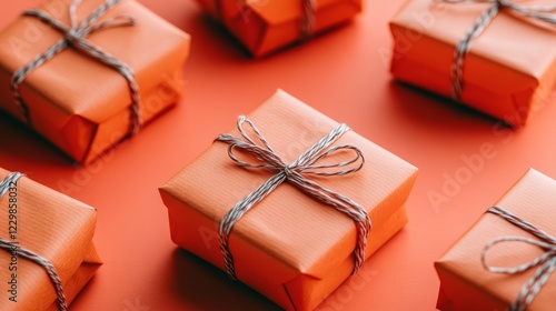 Festive Cheer Collection of Coral Mini Orange Gift Boxes Against a Vibrant Background.