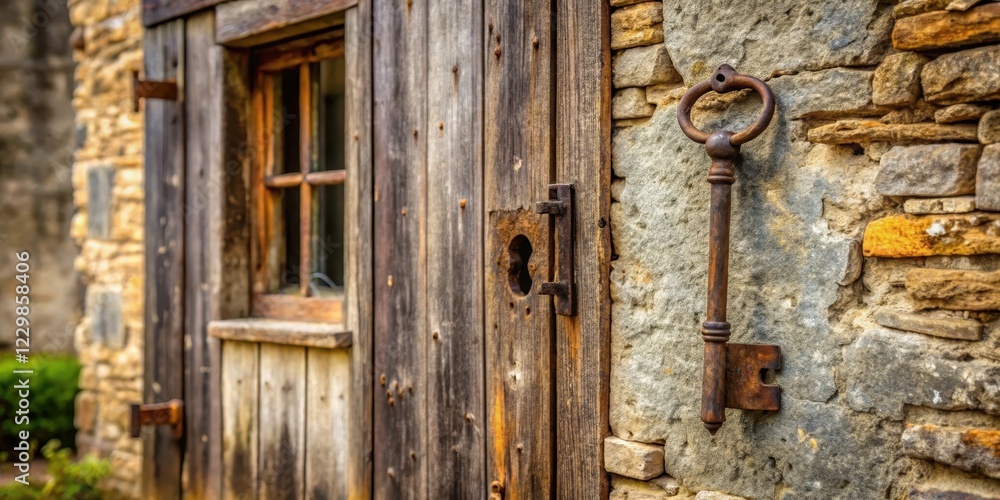 A key leans against a house wall with an old wooden door and windows in a rustic, countryside setting, rural, entrance A key leans against a house wall with an old wooden door and windows in a rustic, countryside setting, rural, entrance