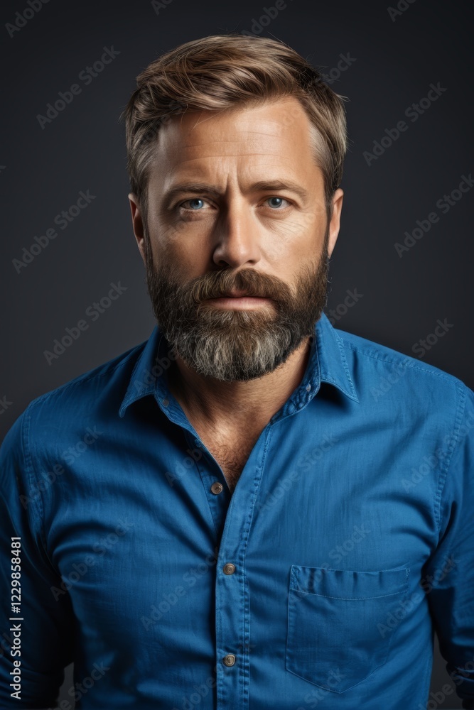 arafed man with a beard and a blue shirt looking at the camera arafed man with a beard and a blue shirt looking at the camera