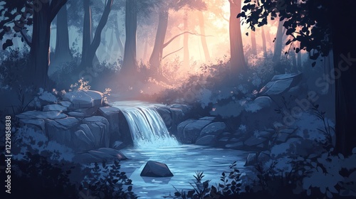 Serene sunset forest stream, tranquil nature scene, peaceful background