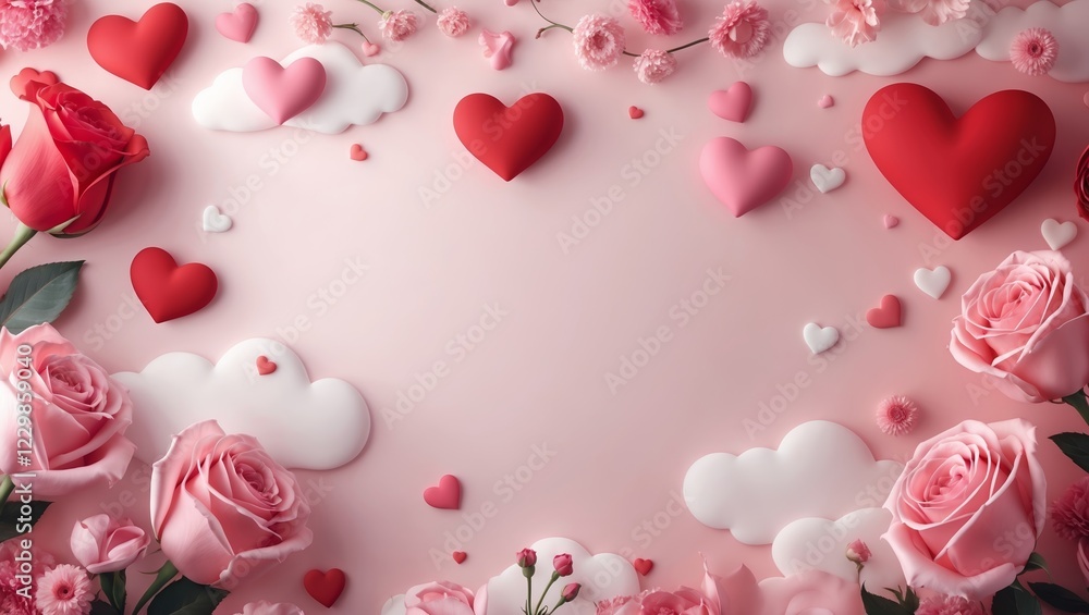 A delightful Valentine's Day scene with pink and red hearts, roses, and fluffy clouds, perfect for romantic projects. A delightful Valentine's Day scene with pink and red hearts, roses, and fluffy clouds, perfect for romantic projects.
