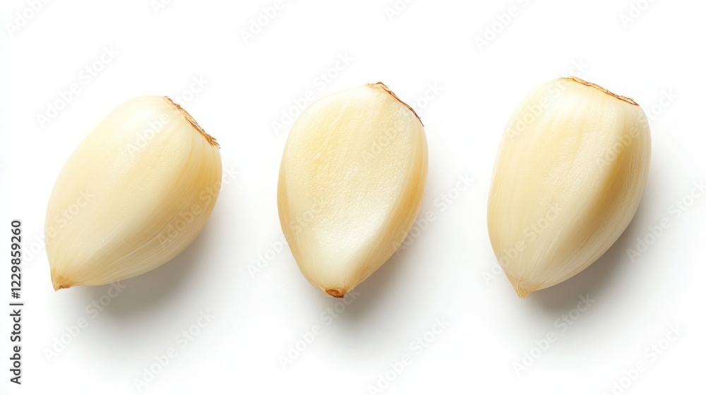 Three peeled garlic cloves isolated on white. Three peeled garlic cloves isolated on white.