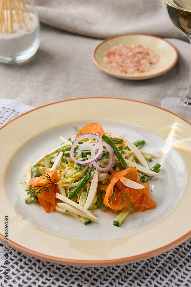 Gourmet Salad with Salmon, Vegetables, and Tofu - Vibrant Colors and Artful Composition in Modern Cuisine Gourmet Salad with Salmon, Vegetables, and Tofu - Vibrant Colors and Artful Composition in Modern Cuisine
